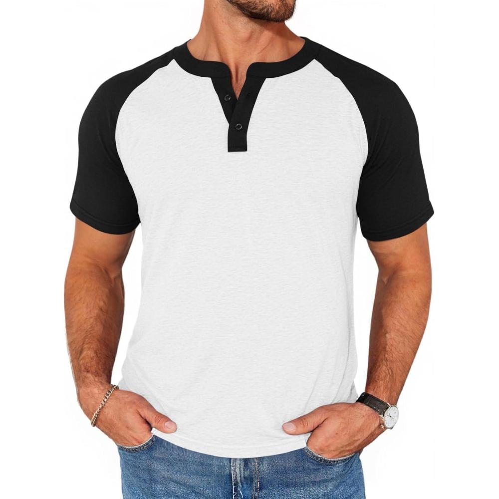 imageRuncati Mens Henley Shirts Raglan Short Sleeve Casual Baseball Tees Summer Classic Color Block Workout T ShirtsWhite