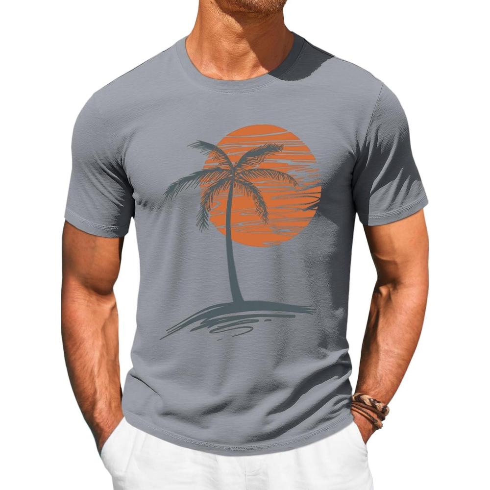 imageRuncati Mens Short Sleeve TShirts Crew Neck Casual Shirt Summer Beach Palm Tree Vintage Hawaiian TeesGray