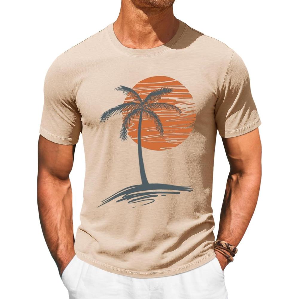 imageRuncati Mens Short Sleeve TShirts Crew Neck Casual Shirt Summer Beach Palm Tree Vintage Hawaiian TeesKhaki