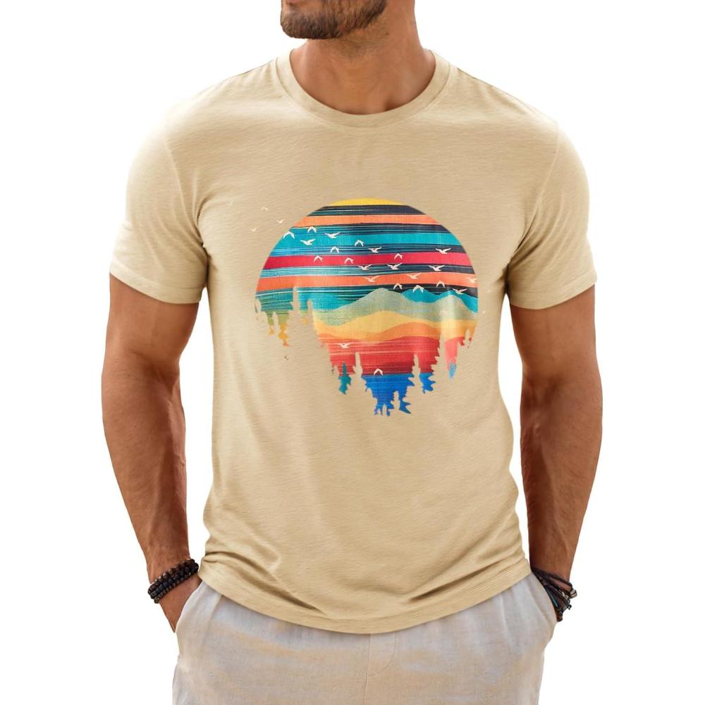 imageRuncati Mens Short Sleeve TShirts Graphic Crewneck Casual Printed Tee Summer Beach Hawaiian Vintage ShirtsApricot