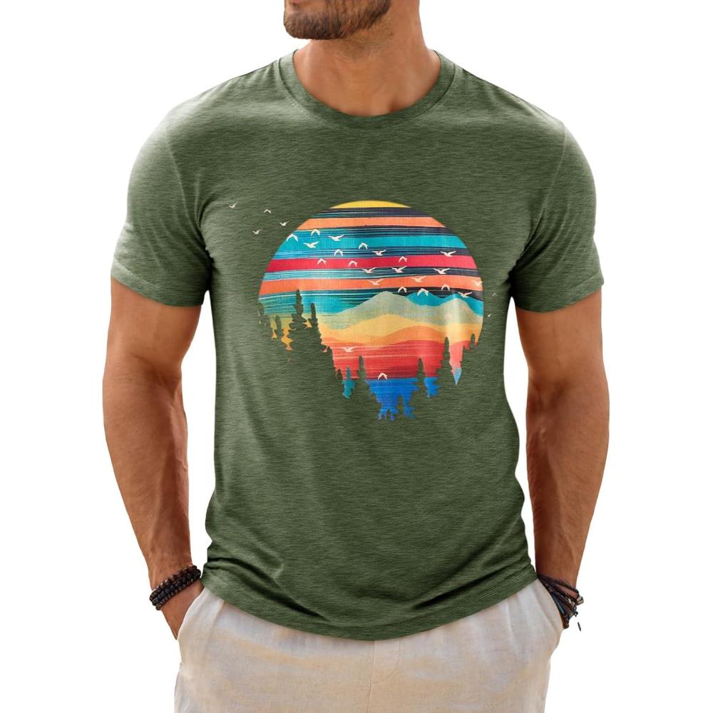 imageRuncati Mens Short Sleeve TShirts Graphic Crewneck Casual Printed Tee Summer Beach Hawaiian Vintage ShirtsArmy Green