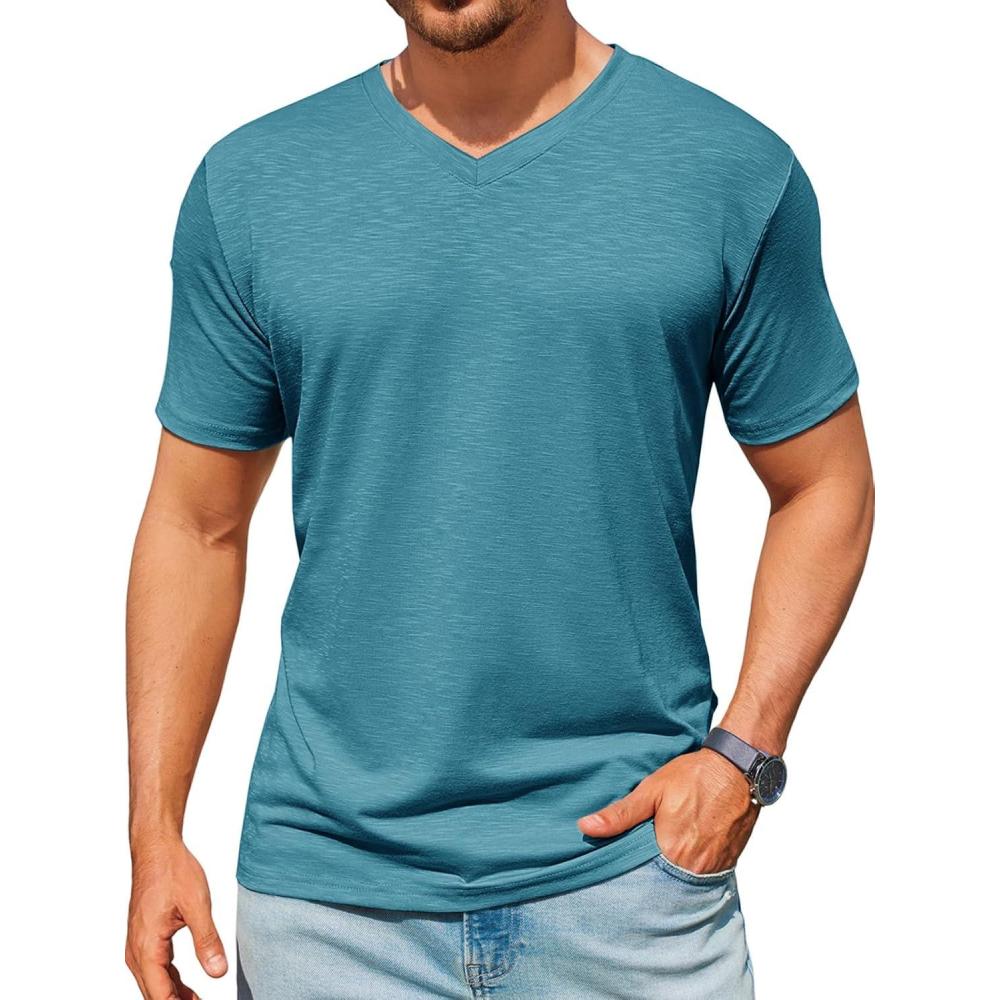 imageRuncati Mens TShirts Short Sleeve V Neck Casual Classic Shirt Summer Stretchy Regular Fit Lightweight TeesLake Blue