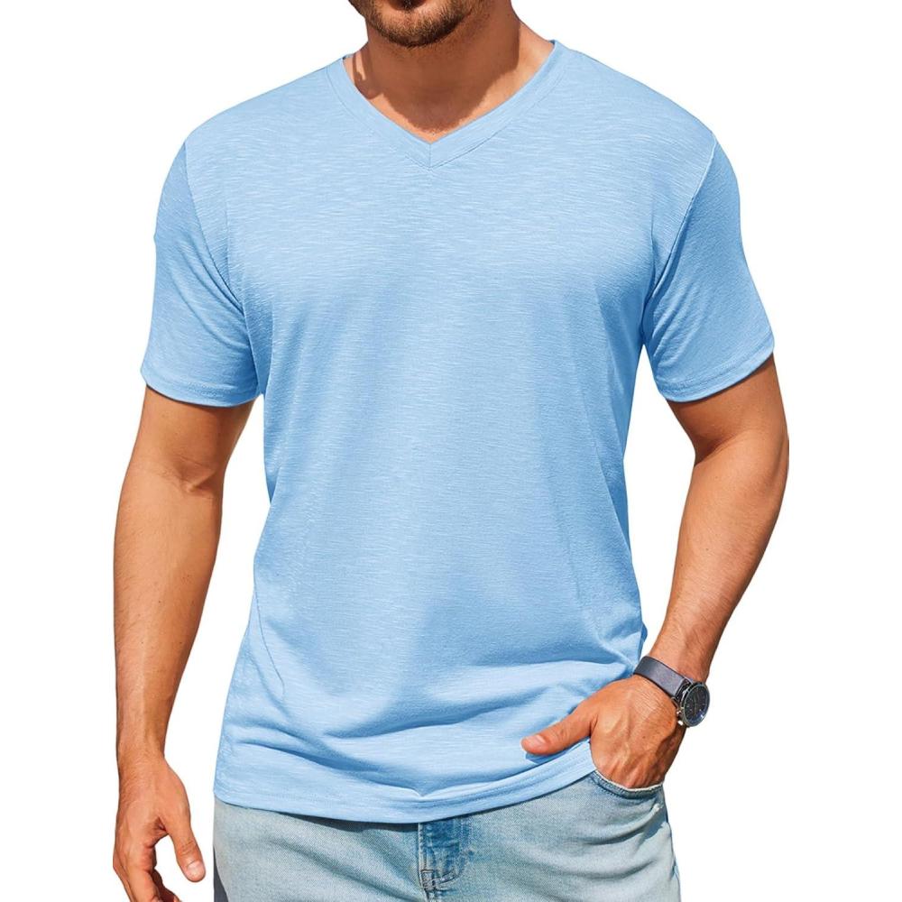 imageRuncati Mens TShirts Short Sleeve V Neck Casual Classic Shirt Summer Stretchy Regular Fit Lightweight TeesSky Blue