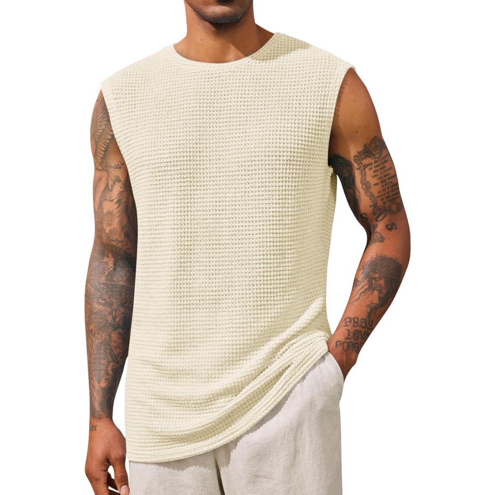 imageRuncati Mens Waffle Tank Tops Sleeveless TShirts Athletic Muscle Summer Beach Hippie ShirtsBeige