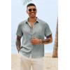 Runcati Mens Button Down Shirts Casual Short Sleeve Shirt Textured Linen Summer Beach Tops with Pocket(Grey)