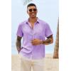 Runcati Mens Button Down Shirts Casual Short Sleeve Shirt Textured Linen Summer Beach Tops with Pocket(Light Purple)