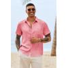 Runcati Mens Button Down Shirts Casual Short Sleeve Shirt Textured Linen Summer Beach Tops with Pocket(Pink)