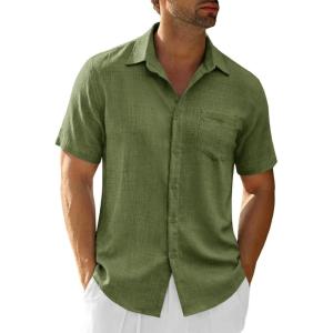 Runcati Mens Button Down Shirts Casual Short Sleeve Linen Shirt Summer Beach Textured Tops with Pocket(Army Green)