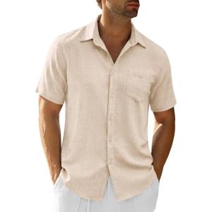 Runcati Mens Button Down Shirts Casual Short Sleeve Linen Shirt Summer Beach Textured Tops with Pocket(Beige)
