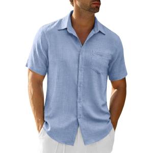 Runcati Mens Button Down Shirts Casual Short Sleeve Linen Shirt Summer Beach Textured Tops with Pocket(Light Blue)