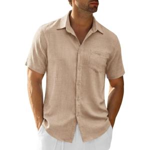 Runcati Mens Button Down Shirts Casual Short Sleeve Linen Shirt Summer Beach Textured Tops with Pocket(Light Khaki)