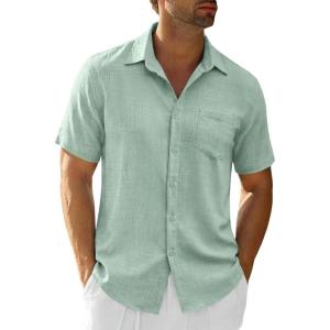 Runcati Mens Button Down Shirts Casual Short Sleeve Linen Shirt Summer Beach Textured Tops with Pocket(Mint)