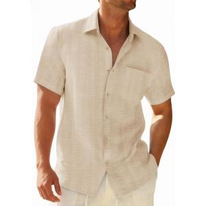 Runcati Mens Button Down Shirts Casual Short Sleeve Shirt Textured Linen Summer Beach Tops with Pocket(Beige)