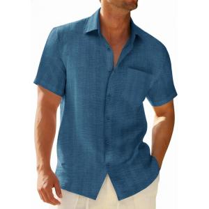 Runcati Mens Button Down Shirts Casual Short Sleeve Shirt Textured Linen Summer Beach Tops with Pocket(Bluish Gray)