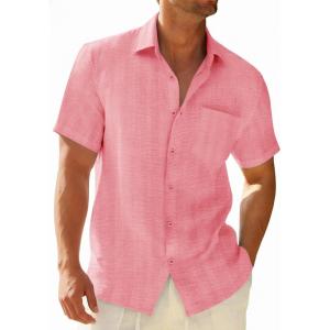 Runcati Mens Button Down Shirts Casual Short Sleeve Shirt Textured Linen Summer Beach Tops with Pocket(Pink)