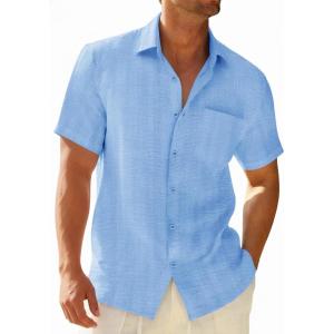 Runcati Mens Button Down Shirts Casual Short Sleeve Shirt Textured Linen Summer Beach Tops with Pocket(Sky Blue)