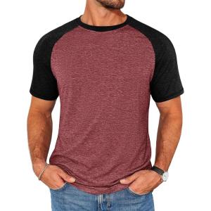 Runcati Mens Casual Slim Fit T Shirts Raglan Short Sleeve Crewneck Baseball Tees Color Block Workout Fashion Shirt(Burgundy)