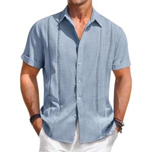 Runcati Mens Guayabera Shirts Short Sleeve Casual Cuban Linen Shirt Button Down Beach Summer Mexican Shirts(Baby Blue)