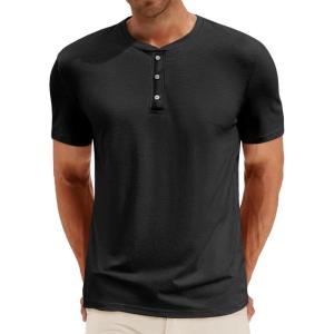 Runcati Mens Henley Shirt Short Sleeve Casual Button Basic Tees Slim Fit Stretch Summer T Shirts(Black)