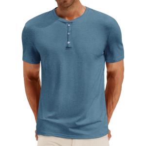 Runcati Mens Henley Shirt Short Sleeve Casual Button Basic Tees Slim Fit Stretch Summer T Shirts(Bluish Grey)