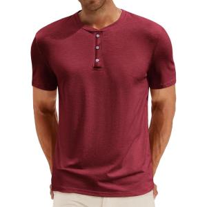 Runcati Mens Henley Shirt Short Sleeve Casual Button Basic Tees Slim Fit Stretch Summer T Shirts(Burgundy)