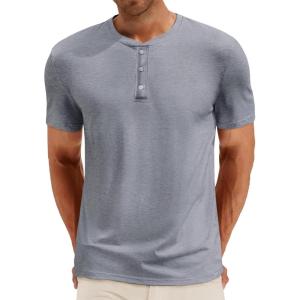 Runcati Mens Henley Shirt Short Sleeve Casual Button Basic Tees Slim Fit Stretch Summer T Shirts(Dark Grey)