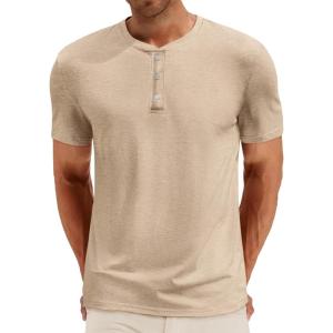 Runcati Mens Henley Shirt Short Sleeve Casual Button Basic Tees Slim Fit Stretch Summer T Shirts(Khaki)