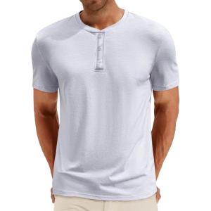 Runcati Mens Henley Shirt Short Sleeve Casual Button Basic Tees Slim Fit Stretch Summer T Shirts(Light Grey)