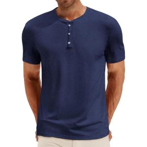 Runcati Mens Henley Shirt Short Sleeve Casual Button Basic Tees Slim Fit Stretch Summer T Shirts(Navy)