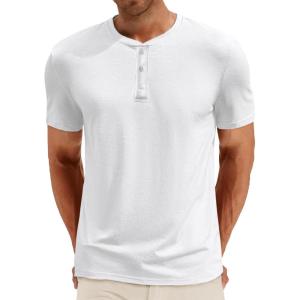 Runcati Mens Henley Shirt Short Sleeve Casual Button Basic Tees Slim Fit Stretch Summer T Shirts(White)
