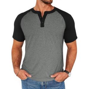 Runcati Mens Henley Shirts Raglan Short Sleeve Casual Baseball Tees Summer Classic Color Block Workout T- Shirts(Dark Grey)