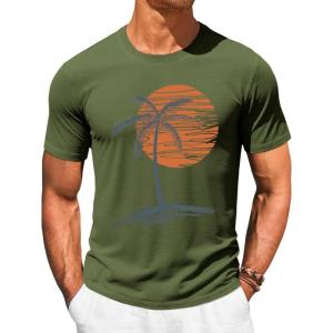 Runcati Mens Short Sleeve T-Shirts Crew Neck Casual Shirt Summer Beach Palm Tree Vintage Hawaiian Tees(Army Green)