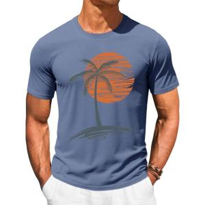 Runcati Mens Short Sleeve T-Shirts Crew Neck Casual Shirt Summer Beach Palm Tree Vintage Hawaiian Tees(Blue)