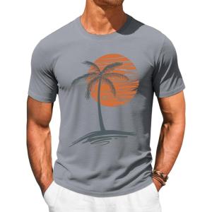 Runcati Mens Short Sleeve T-Shirts Crew Neck Casual Shirt Summer Beach Palm Tree Vintage Hawaiian Tees(Gray)