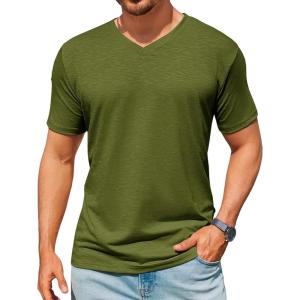 Runcati Mens T-Shirts Short Sleeve V Neck Casual Classic Shirt Summer Stretchy Regular Fit Lightweight Tees(Army Green)