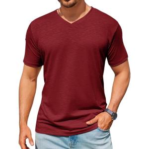 Runcati Mens T-Shirts Short Sleeve V Neck Casual Classic Shirt Summer Stretchy Regular Fit Lightweight Tees(Burgundy)