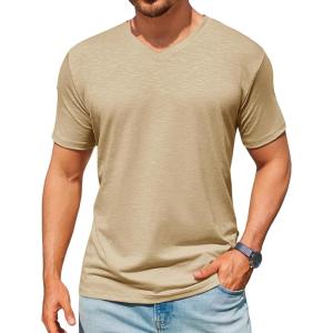 Runcati Mens T-Shirts Short Sleeve V Neck Casual Classic Shirt Summer Stretchy Regular Fit Lightweight Tees(Khaki)