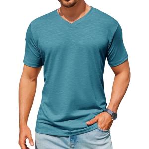 Runcati Mens T-Shirts Short Sleeve V Neck Casual Classic Shirt Summer Stretchy Regular Fit Lightweight Tees(Lake Blue)