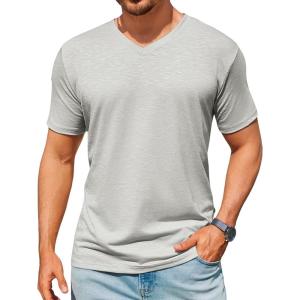 Runcati Mens T-Shirts Short Sleeve V Neck Casual Classic Shirt Summer Stretchy Regular Fit Lightweight Tees(Light Grey)