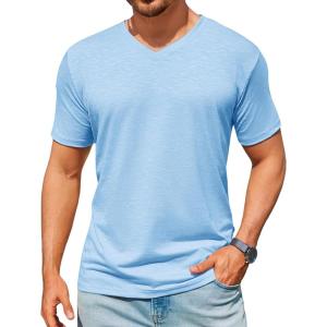 Runcati Mens T-Shirts Short Sleeve V Neck Casual Classic Shirt Summer Stretchy Regular Fit Lightweight Tees(Sky Blue)