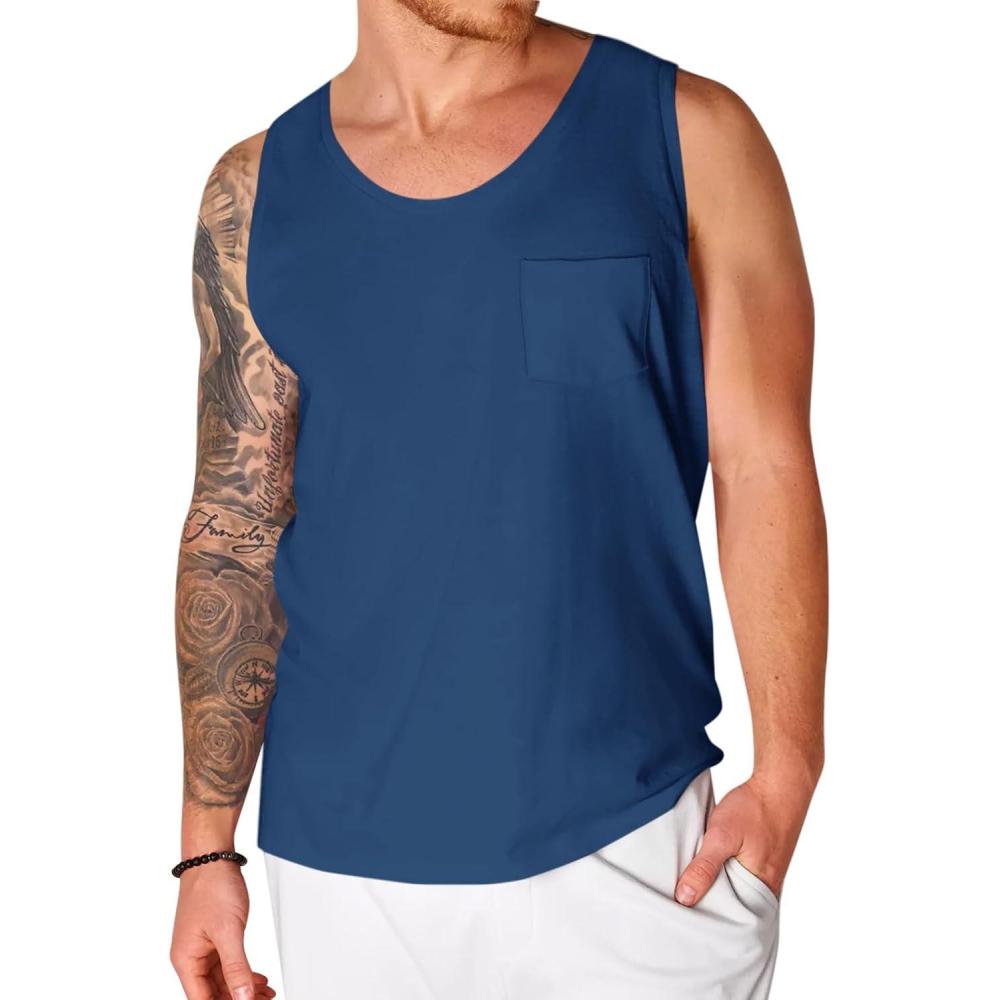 imageRuncati Mens Sleeveless Tank Tops Crewneck Workout Gym Cotton Muscle Pocket T ShirtNavy Blue