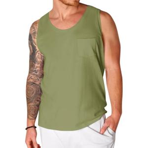 Runcati Men’s Sleeveless Tank Tops Crewneck Workout Gym Cotton Muscle Pocket T Shirt(Army Green)