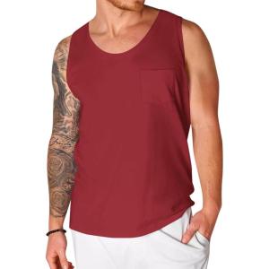 Runcati Men’s Sleeveless Tank Tops Crewneck Workout Gym Cotton Muscle Pocket T Shirt(Burgundy)