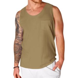 Runcati Men’s Sleeveless Tank Tops Crewneck Workout Gym Cotton Muscle Pocket T Shirt(Camel)
