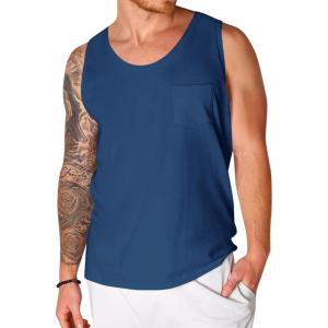 Runcati Men’s Sleeveless Tank Tops Crewneck Workout Gym Cotton Muscle Pocket T Shirt(Navy Blue)