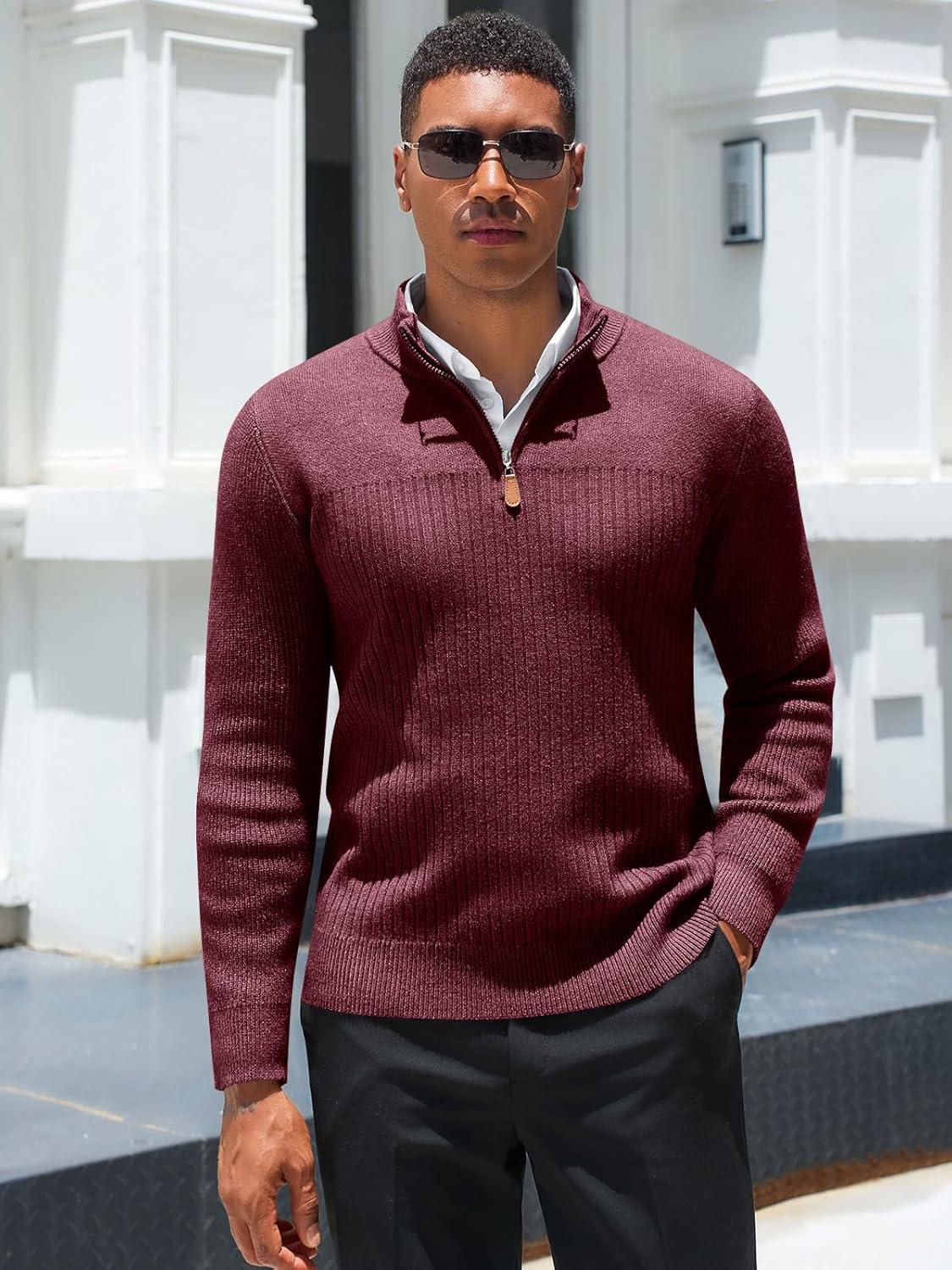 imageRuncati Mens Quarter Zip Sweater Mock Neck Pullover Ribbed Knit Casual Lightweight Polo SweatersWine Red