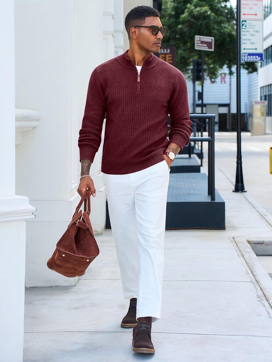 imageRuncati Mens Quarter Zip Sweater Mock Neck Pullover Ribbed Knit Casual Lightweight Polo SweatersWine Red