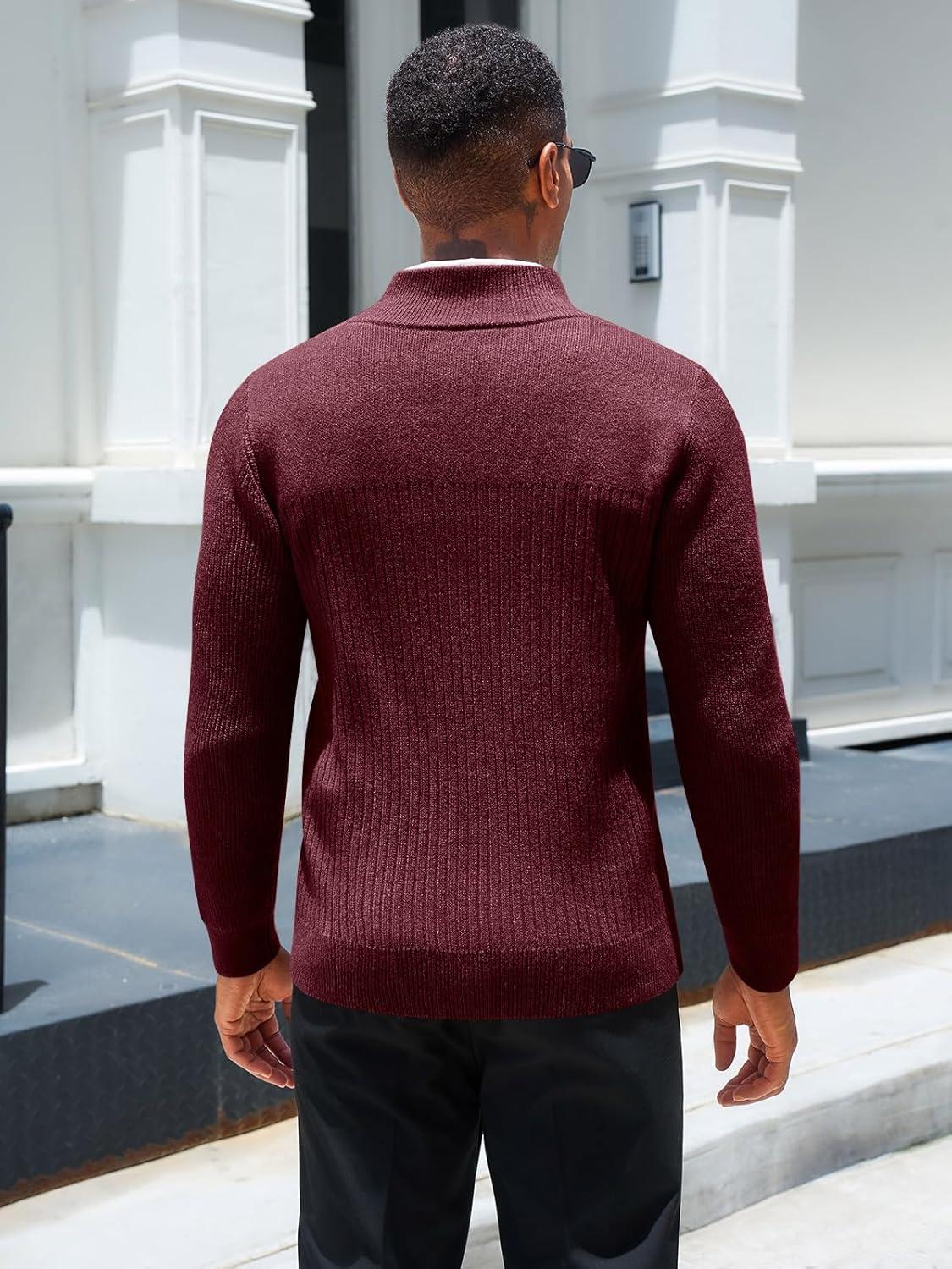 imageRuncati Mens Quarter Zip Sweater Mock Neck Pullover Ribbed Knit Casual Lightweight Polo SweatersWine Red