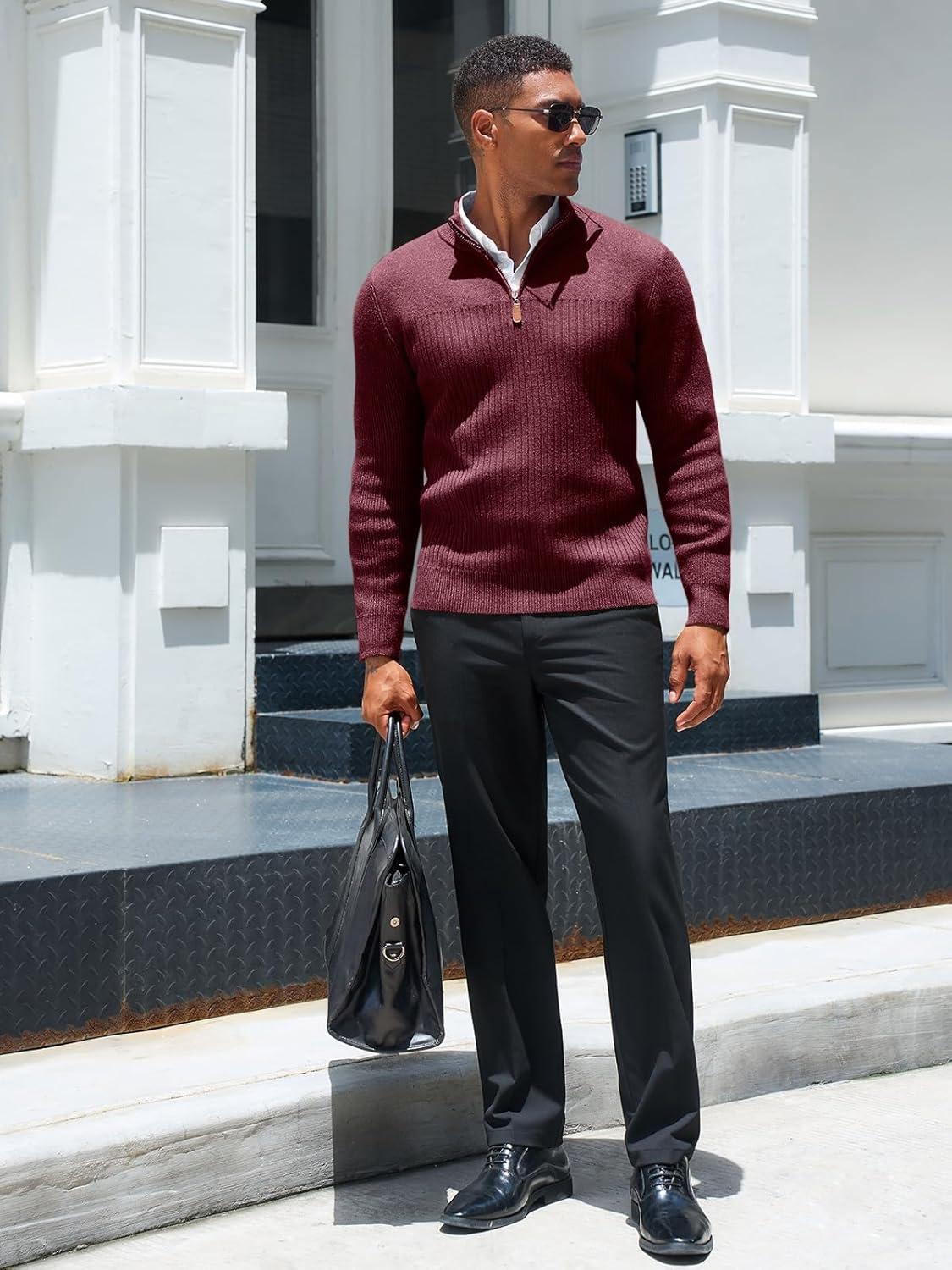 imageRuncati Mens Quarter Zip Sweater Mock Neck Pullover Ribbed Knit Casual Lightweight Polo SweatersWine Red