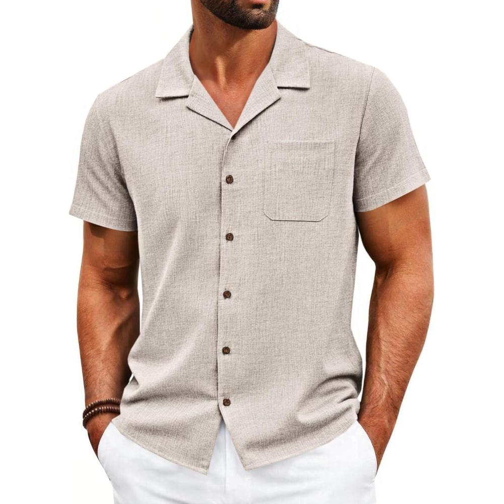 imageRuncati Mens Button Down Shirt Short Sleeve Cuban Casual Shirts Summer Beach Vacation Wedding Tops with PocketApricot